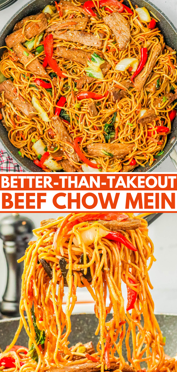 A pan of beef chow mein with noodles, beef strips, red bell peppers, and green vegetables, alongside text that reads "BETTER-THAN-TAKEOUT BEEF CHOW MEIN.