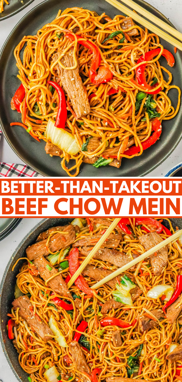 Two plates of beef chow mein with noodles, beef strips, red bell peppers, and bok choy. Text overlay reads 