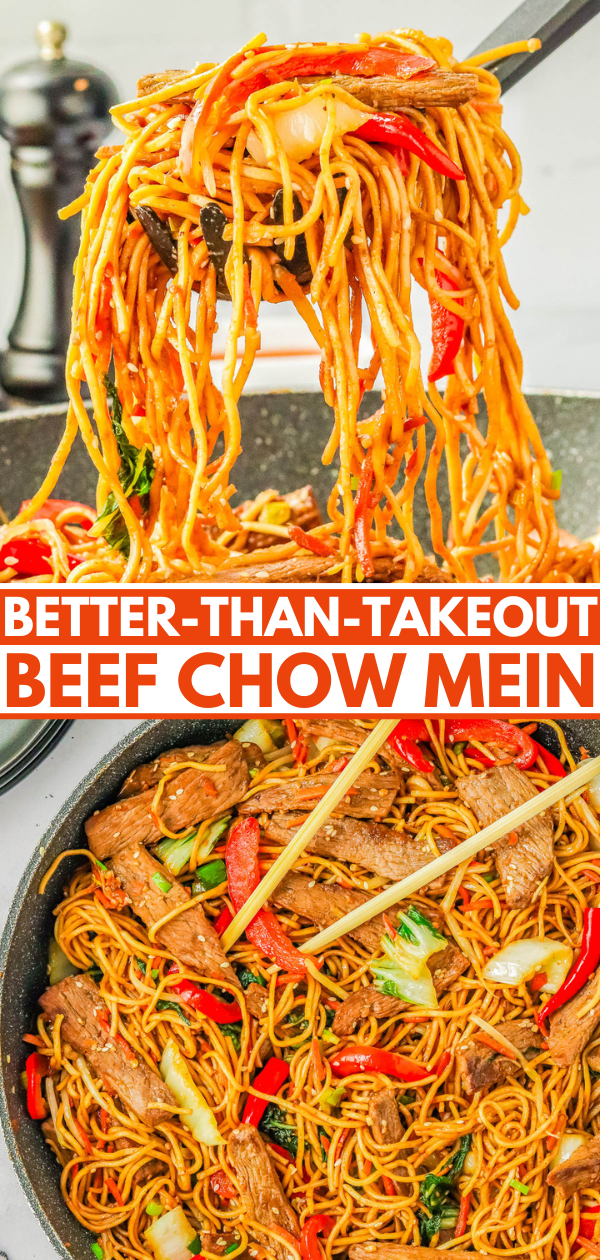 A pan of beef chow mein with chopsticks lifting noodles. Text overlay reads, 