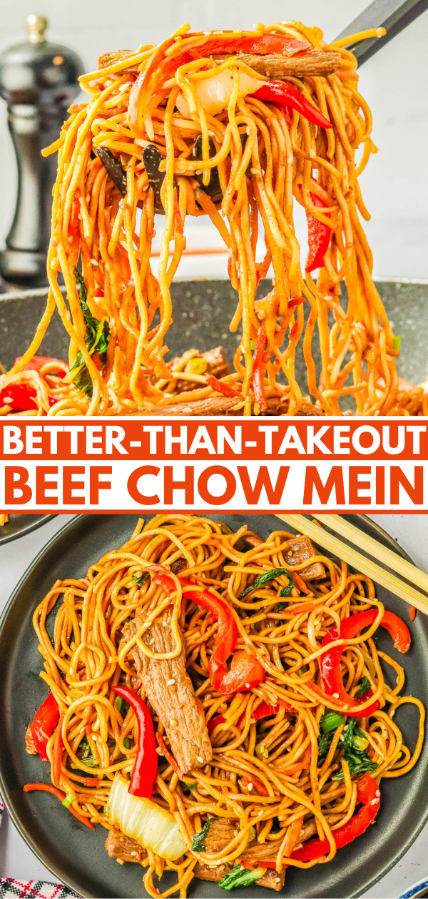 A pan of beef chow mein is being served with chopsticks, and a plate of the same dish is presented below. Text overlay reads 