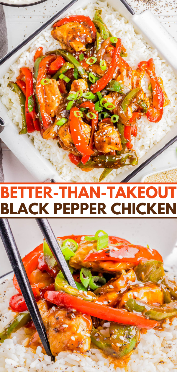 A plate of black pepper chicken with bell peppers and green onions over white rice. Text reads 