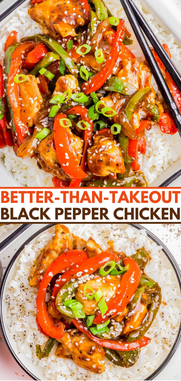 A plate of black pepper chicken with bell peppers and green onions served over rice, accompanied by chopsticks. Text reads 