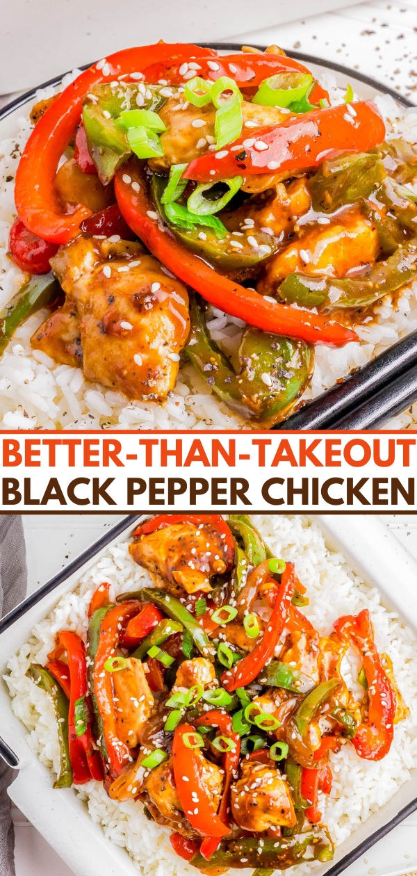 Two plates of black pepper chicken stir-fry with colorful bell peppers, green onions, and white rice. Bold text reads 