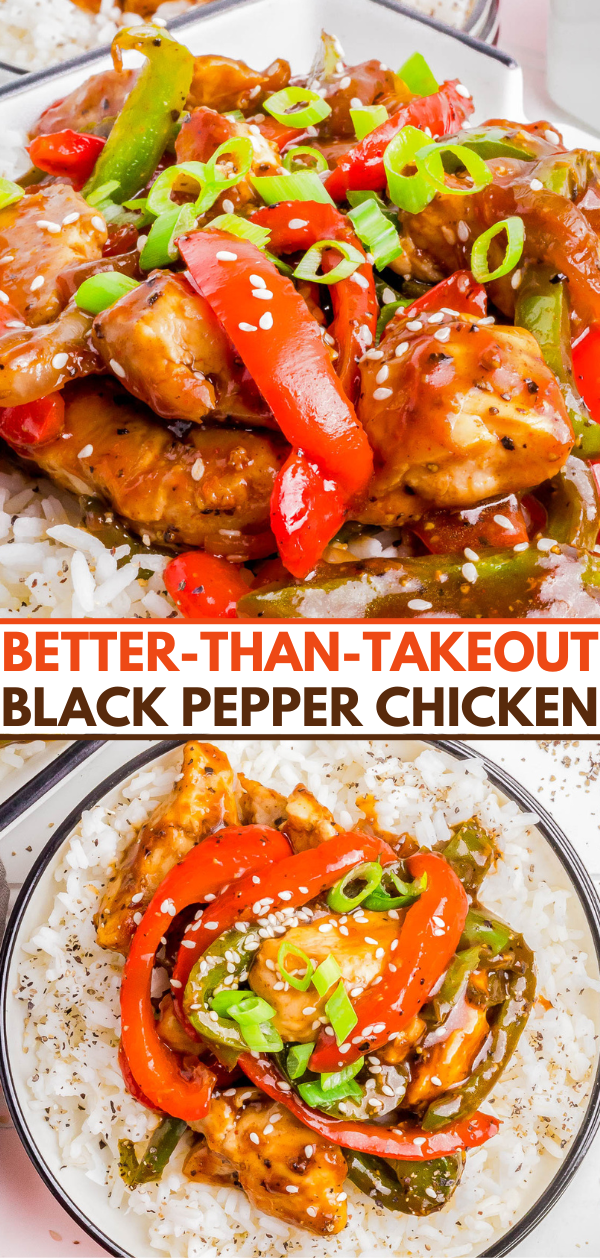 Close-up of black pepper chicken with bell peppers and green onions served over white rice, featuring a colorful and vibrant presentation. The text reads 