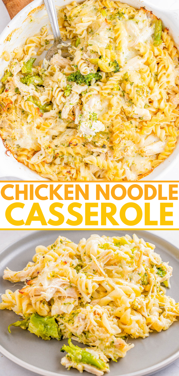 Chicken noodle casserole served in a baking dish and portioned on a plate.