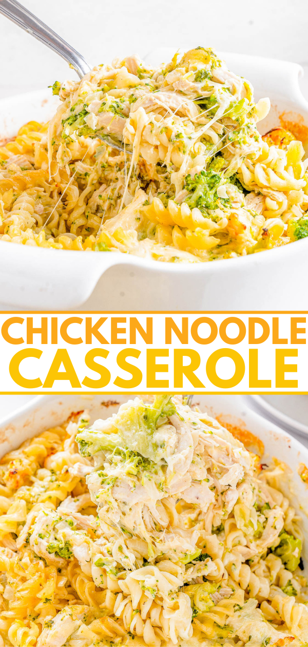 A close-up of chicken noodle casserole is shown. The dish contains spiral pasta, shredded chicken, broccoli, and a creamy sauce, topped with melted cheese, being served from a white baking dish.