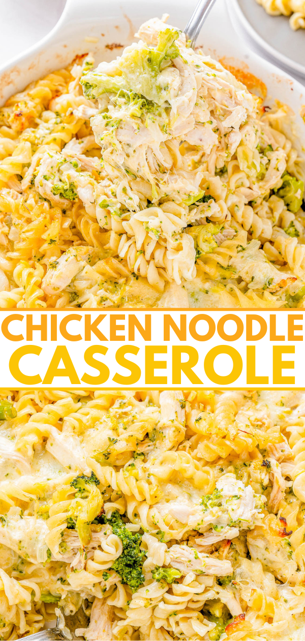 A casserole dish containing spiral pasta, broccoli, and a creamy chicken mixture topped with melted cheese.