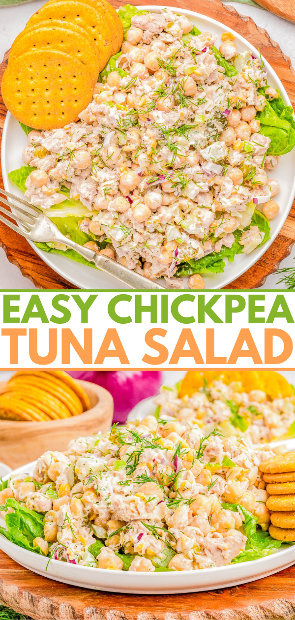 A plate of chickpea tuna salad garnished with dill and accompanied by crackers, with text reading "Easy Chickpea Tuna Salad.