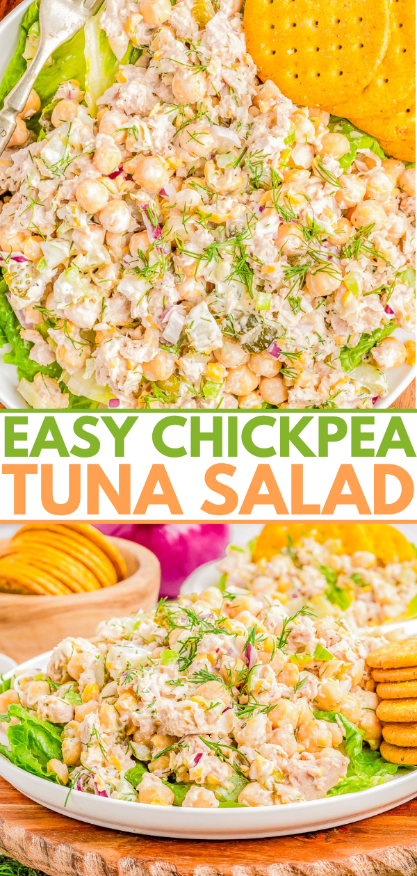 A plate of chickpea tuna salad garnished with dill, accompanied by sliced vegetables and crackers on a colorful and food-themed background with the text 