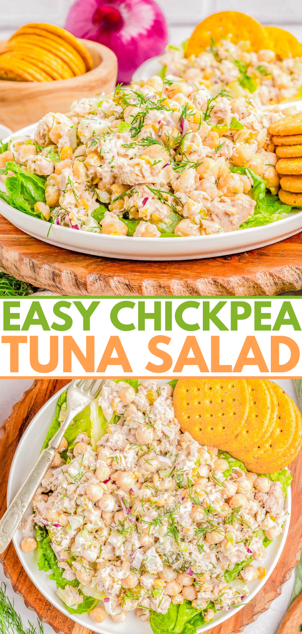 Two images of a chickpea tuna salad served on lettuce with crackers. The text 