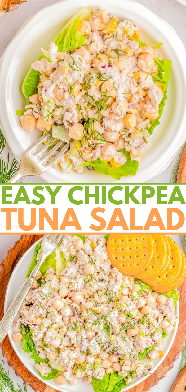 Two plates of chickpea tuna salad garnished with dill on white dishes. Text in the middle reads, "Easy Chickpea Tuna Salad." One plate includes crackers beside the salad.