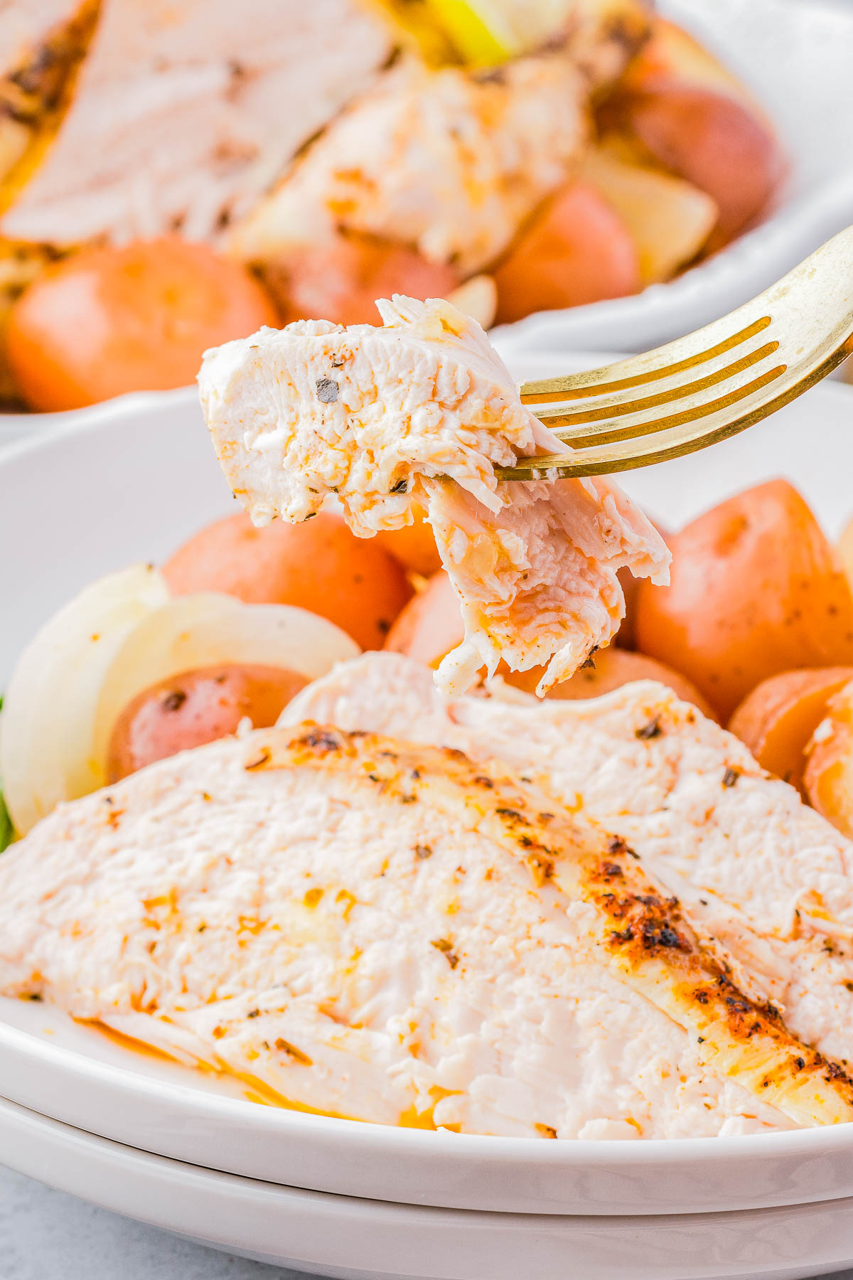 Close-up of a fork holding a piece of cooked chicken breast, with sliced chicken, red potatoes, and onion in a white bowl.