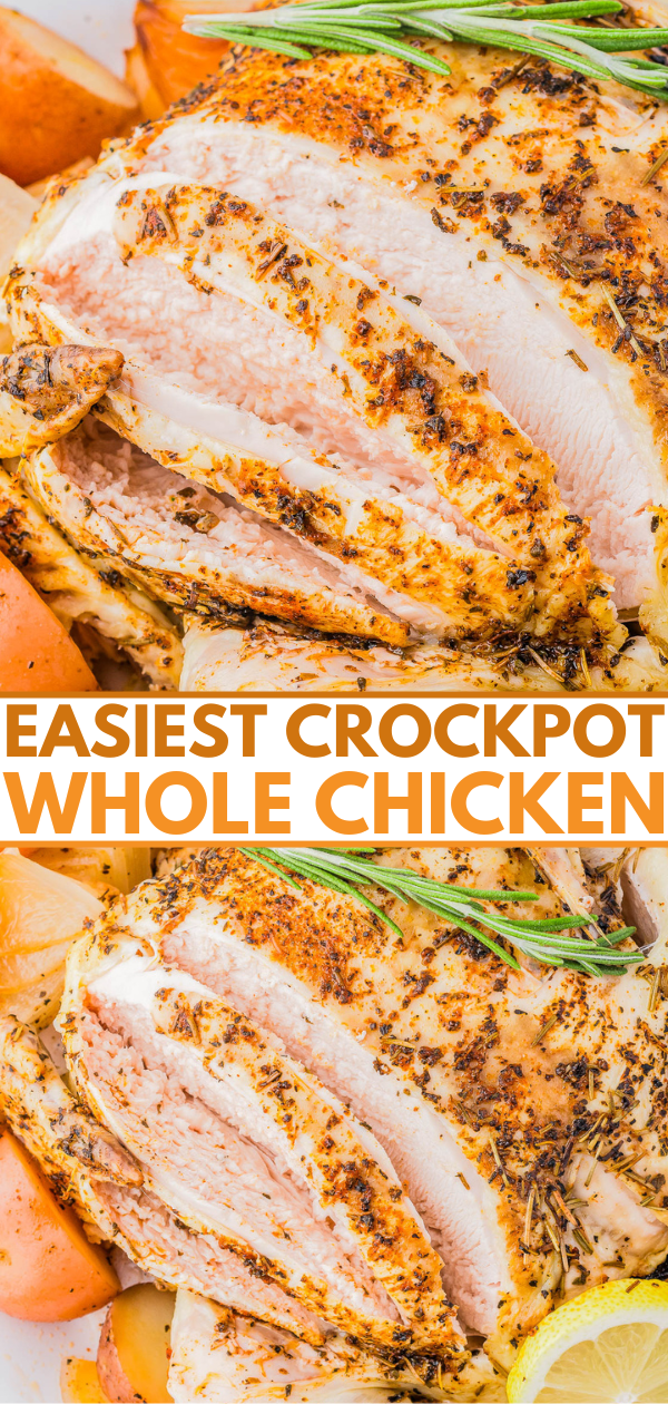 Close-up of a roasted whole chicken cooked in a crockpot, garnished with herbs. Overlaid text reads, "EASIEST CROCKPOT WHOLE CHICKEN.