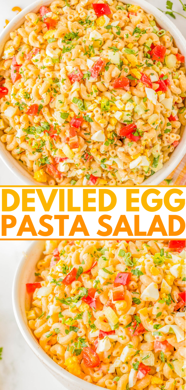 A close-up image of deviled egg pasta salad. The salad features macaroni pasta, chopped hard-boiled eggs, red bell peppers, and a sprinkle of fresh herbs. The image has two sections, one above the other.