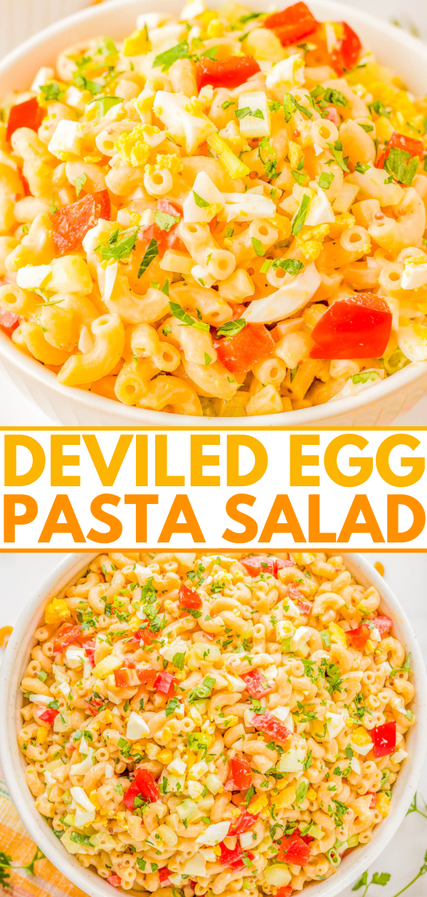 A bowl of pasta salad with diced vegetables and eggs. Text overlay: "Deviled Egg Pasta Salad.