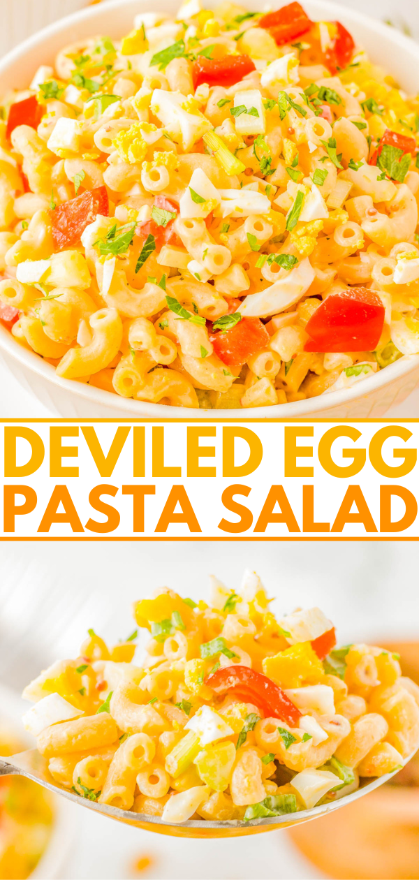 A bowl of deviled egg pasta salad with elbow macaroni, chopped red bell peppers, and a creamy dressing. Text reads "Deviled Egg Pasta Salad.