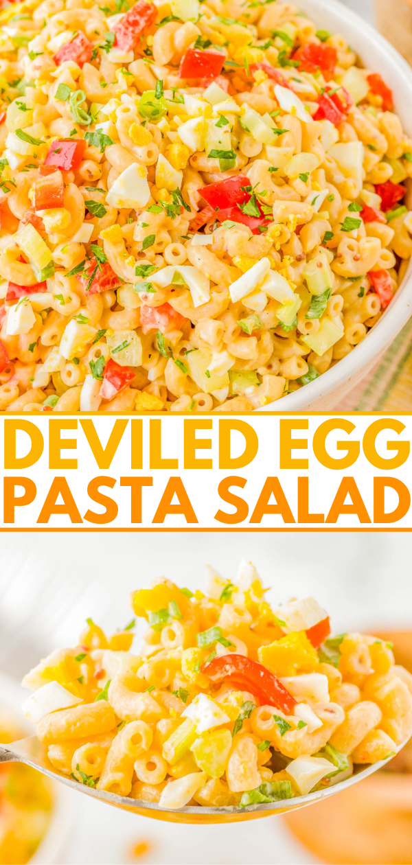 A bowl of deviled egg pasta salad with macaroni, diced boiled eggs, red bell peppers, and green onions. Below, a close-up of the salad on a spoon.