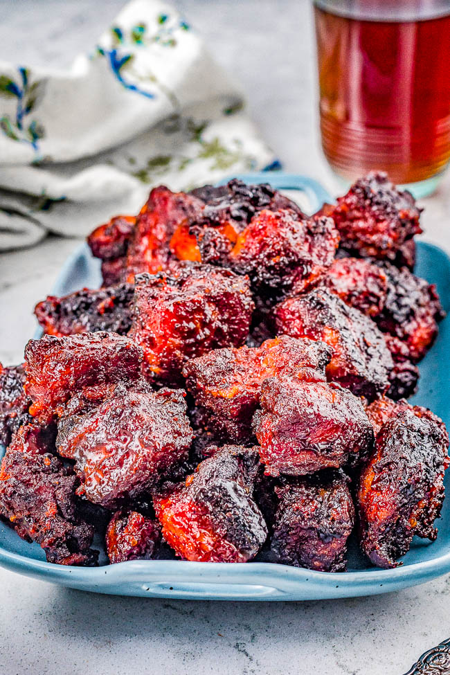 Pork Belly Burnt Ends - Crispy, sticky, sweet-and-savory pieces of pork belly are grilled to burnt ends "perfection"! The pork is moist, tender, and everyone goes crazy for it so double the recipe! Perfect for Memorial Day, Fourth of July, Labor Day, game day parties, or as a special weeknight treat for your family! 