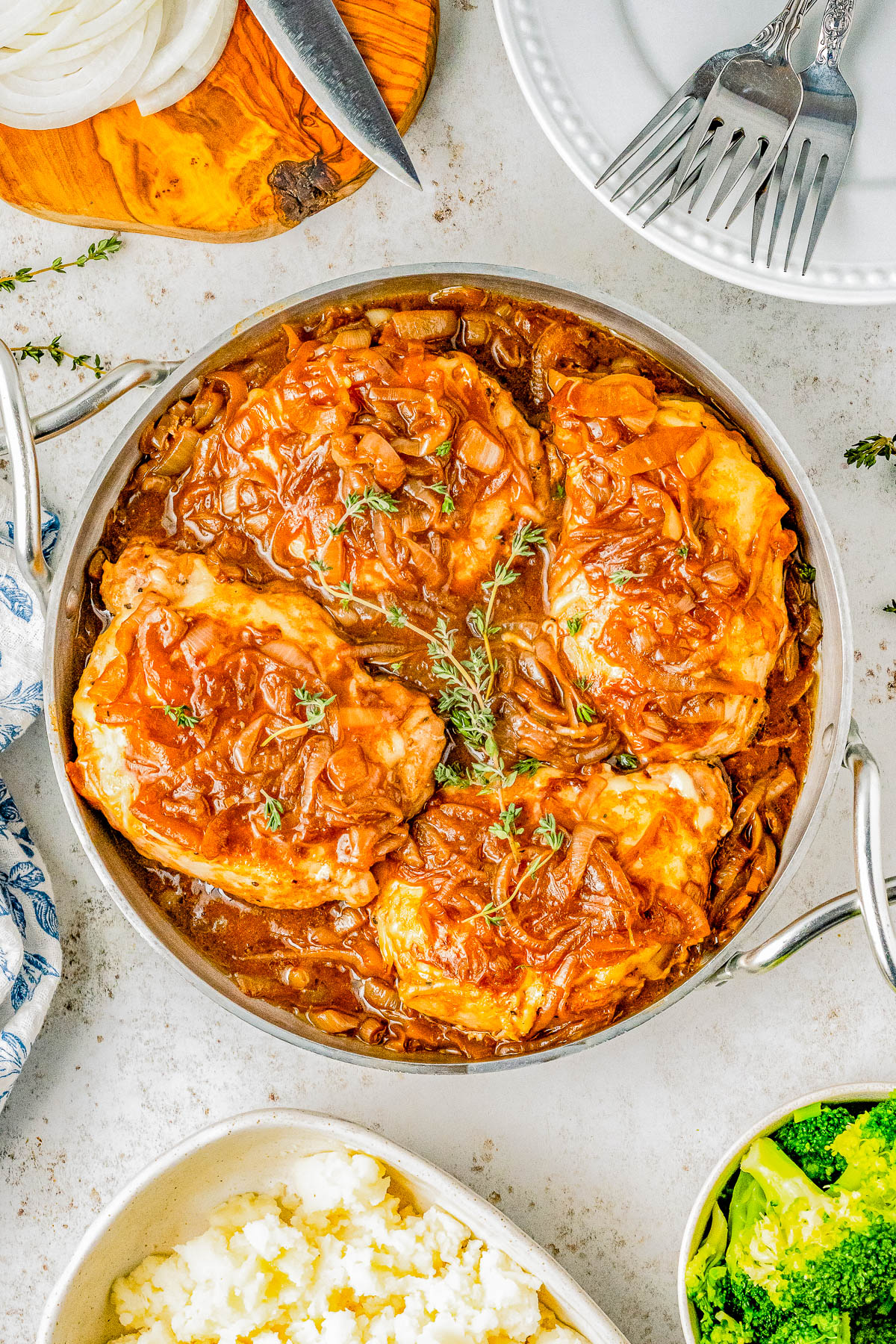 French Onion Pork Chops — If you love French onion soup, you’re going to adore these pork chops! They’re ready in under an hour and can be made in just one skillet! Elegant, EASY, and sure to be a new family FAVORITE recipe! 