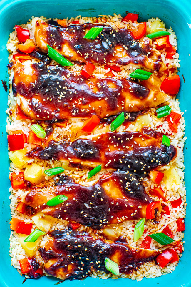 Baked Teriyaki Chicken and Rice in blue baking dish