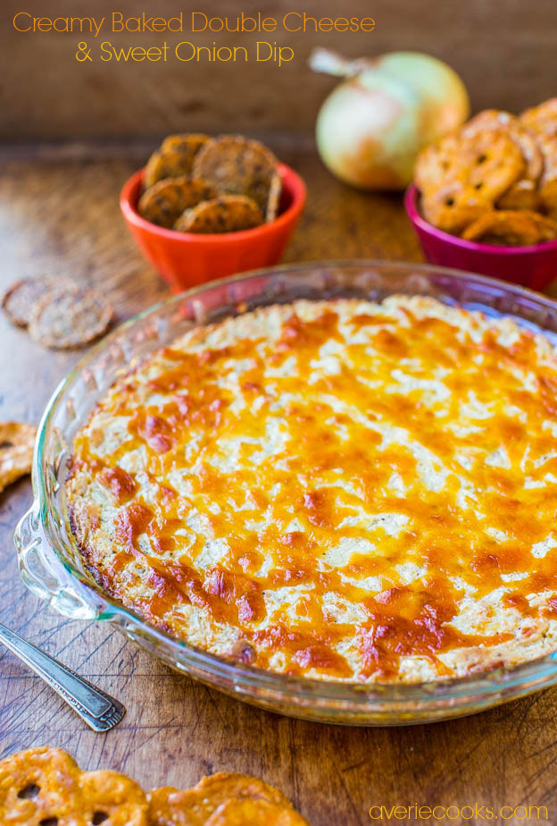 Creamy Baked Double Cheese and Sweet Onion Dip - Cheesy, comforting & easy dip that everyone loves! Recipe at averiecooks.com