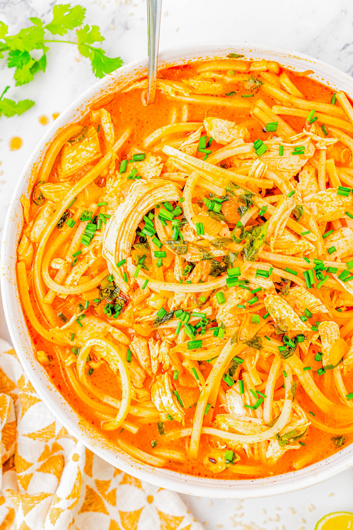 Thai Noodle Soup with Chicken - Recreate this Thai restaurant-inspired soup at home in 20 minutes! An EASY, one-pot recipe for this comforting soup made with shredded chicken, Thai red curry paste, coconut milk, basil, cilantro, green onions, and more! Healthy comfort food never tasted so good!