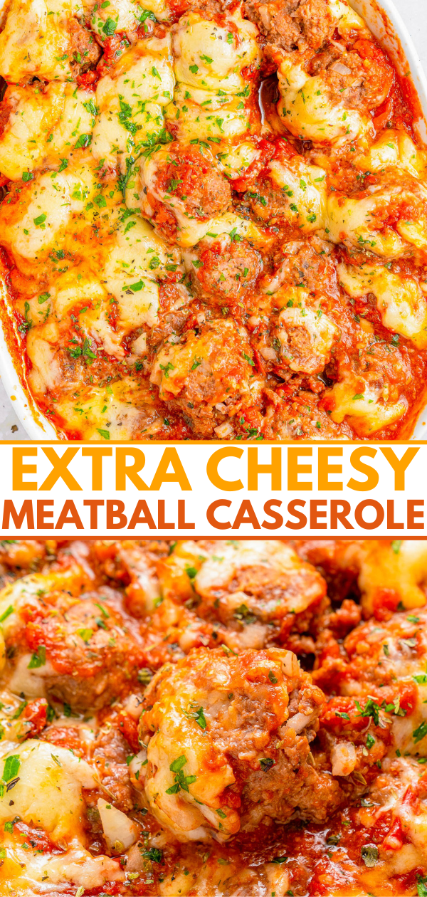 Cheesy Meatball Casserole - 🧀🎉👏🏻 An EASY comfort food casserole that's made for meat and cheese lovers! Loaded with juicy baked meatballs and topped with both mozzarella and Parmesan cheeses for a true family FAVORITE casserole! No noodles, no problem. My homemade meatballs are incredible but you can use frozen meatballs to save time on busy weeknights when you need to get dinner on the table in 45 minutes!