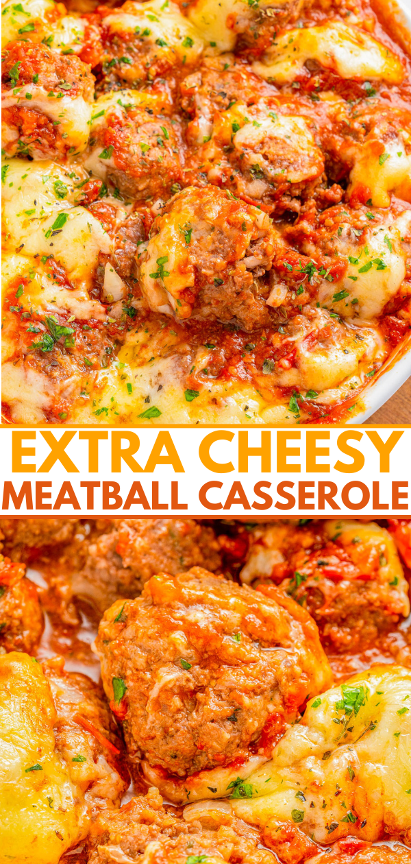 Close-up view of a baked dish labeled "Extra Cheesy Meatball Casserole," featuring meatballs and melted cheese with a tomato-based sauce.