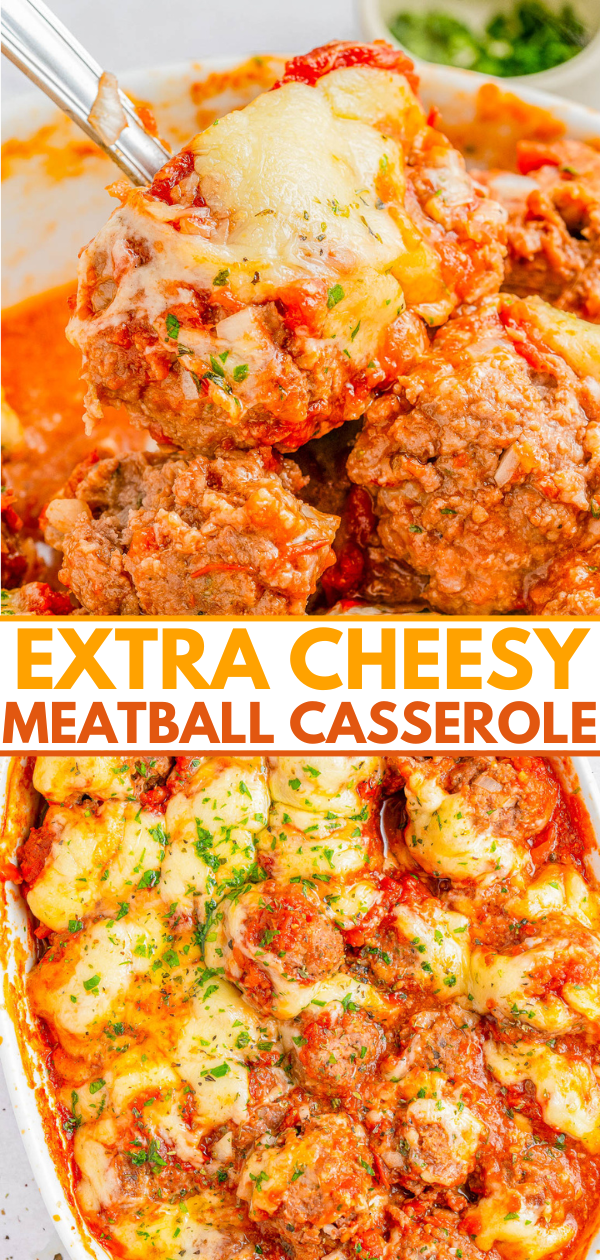 Close-up of a spoon lifting a cheesy meatball from a meatball casserole dish. The casserole features meatballs covered in tomato sauce, melted cheese, and garnished with herbs. Text reads "Extra Cheesy Meatball Casserole.