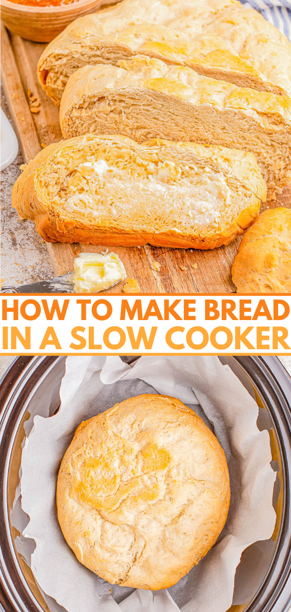 Sliced loaf of bread on a wooden board with a slow-cooked loaf in a parchment-lined slow cooker. "How to Make Bread in a Slow Cooker" text overlay.