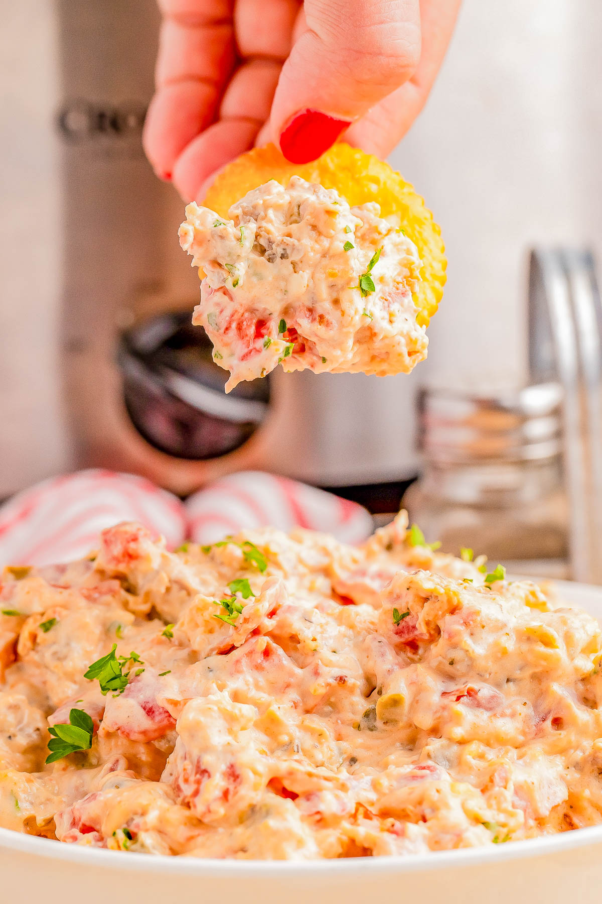 A hand holding a cracker topped with a creamy, herb-flecked dip over a bowl of the same dip.