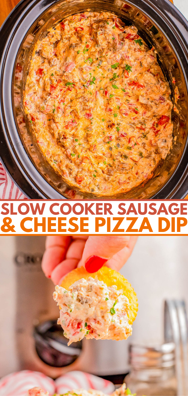 A slow cooker filled with sausage and cheese pizza dip and a hand holding a cracker topped with the dip. Text overlay reads "Slow Cooker Sausage & Cheese Pizza Dip.