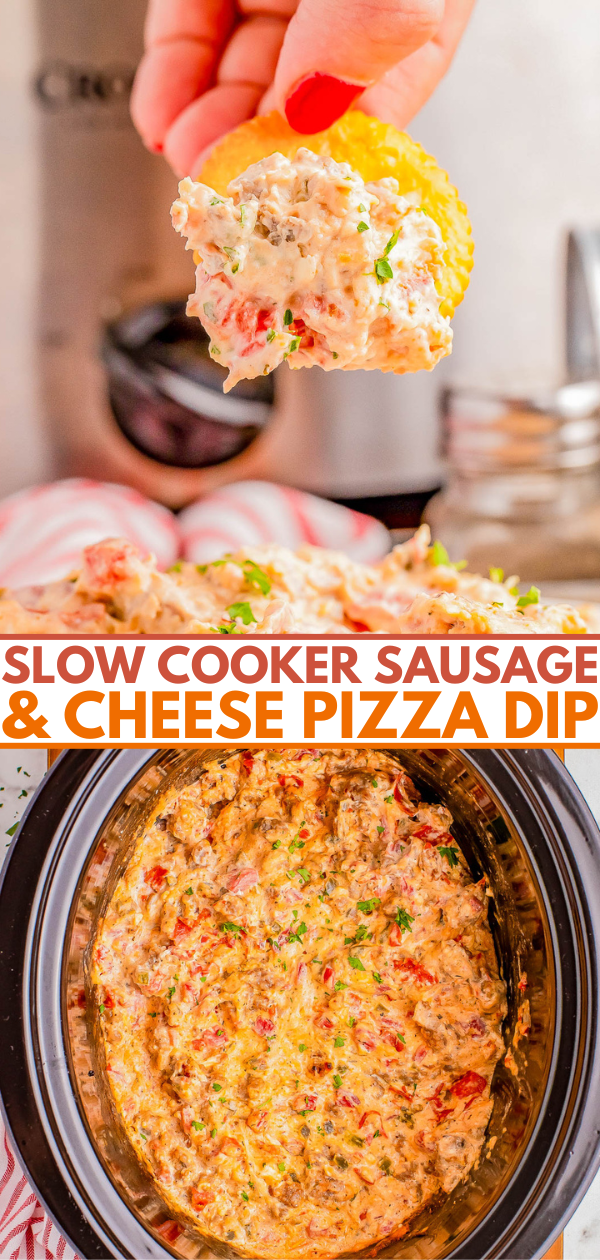 A hand dips a yellow chip into a slow cooker sausage and cheese pizza dip. The slow cooker containing the dip is shown beneath with the text "Slow Cooker Sausage & Cheese Pizza Dip.