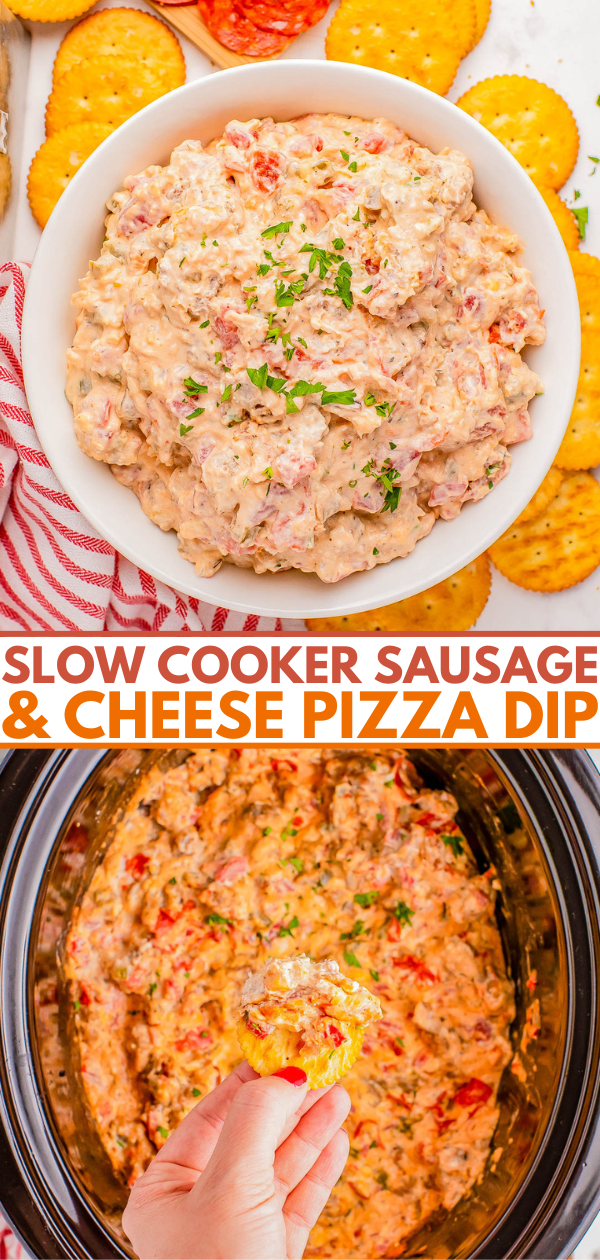 Two images: The top shows a bowl of sausage and cheese pizza dip garnished with herbs, surrounded by crackers. The bottom shows a hand dipping a cracker into the same dip in a slow cooker.