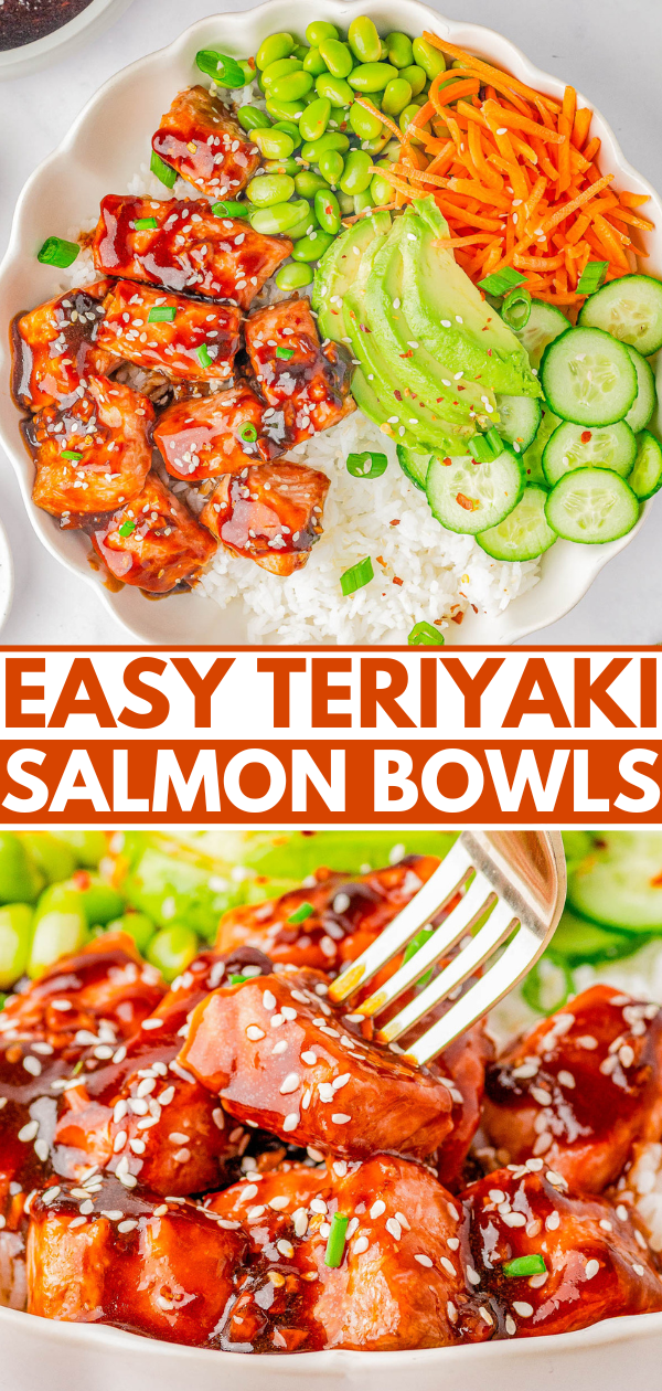 A bowl of teriyaki salmon served with rice, avocado slices, cucumber slices, shredded carrots, edamame, and sprinkled sesame seeds. The text reads 