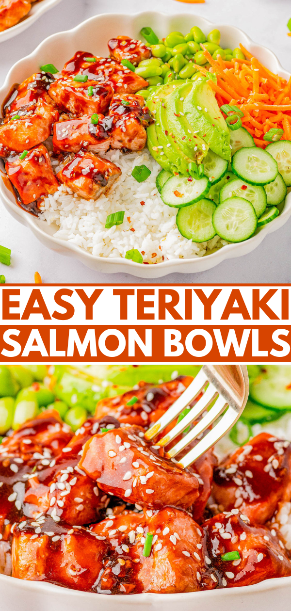 A bowl of white rice topped with teriyaki salmon, sliced cucumber, avocado, and shredded carrots.