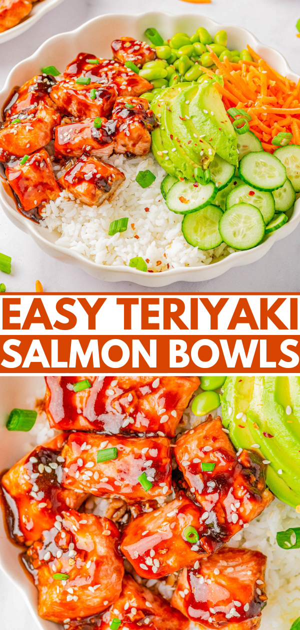 Two bowls of rice topped with teriyaki salmon, avocado slices, cucumber slices, carrot shreds, and green onion. Text in the middle reads "EASY TERIYAKI SALMON BOWLS.