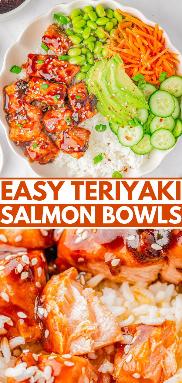 A bowl of teriyaki salmon with white rice, edamame, sliced avocado, carrots, and cucumber. Text overlay reads 