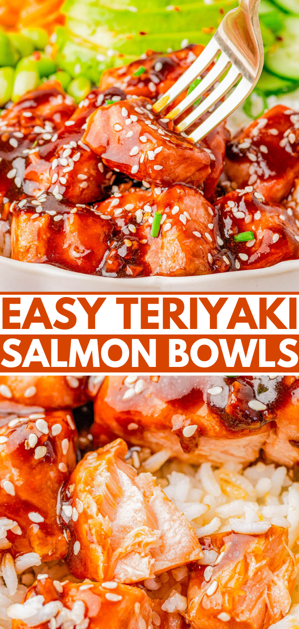 A close-up of teriyaki salmon bowls with white rice, garnished with sesame seeds and green onions. A fork is holding a piece of salmon. Text reads "Easy Teriyaki Salmon Bowls.