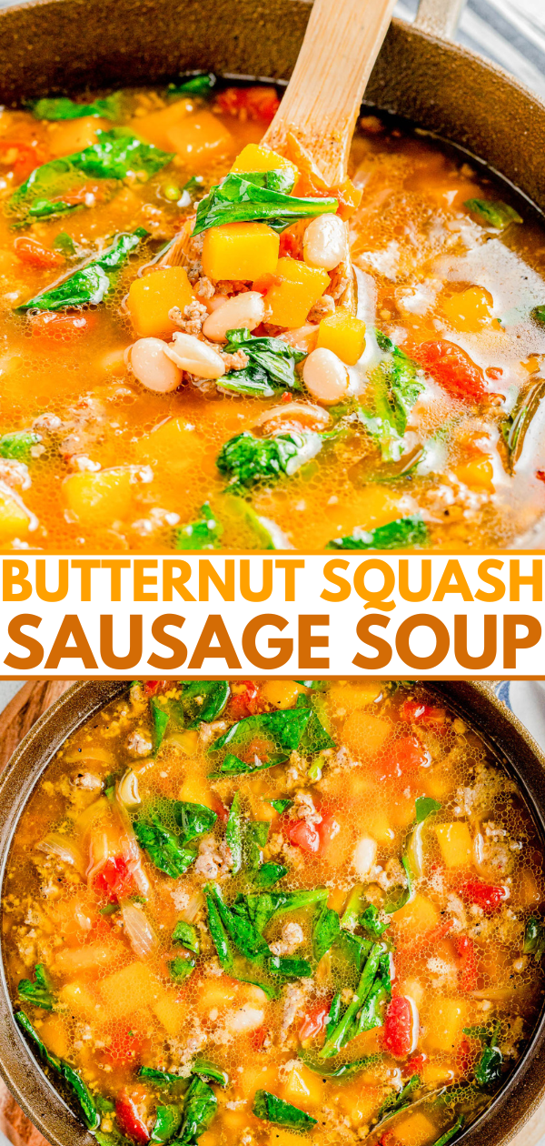 A wooden spoon stirring a pot of butternut squash sausage soup with white beans, spinach, and diced tomatoes. Below, a bowl of the same soup is shown with text "BUTTERNUT SQUASH SAUSAGE SOUP.