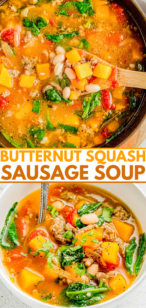 Two images of butternut squash sausage soup. The top image shows the soup in a pot with a wooden spoon. The bottom image shows a serving of the soup in a white bowl with a spoon.