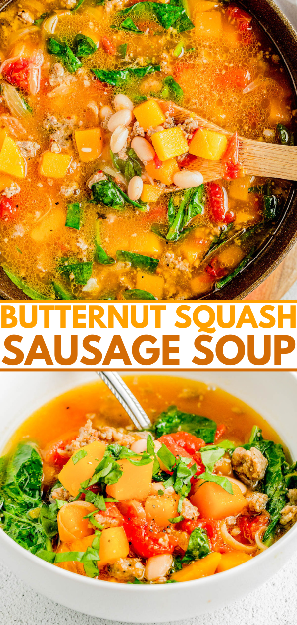 A pot of butternut squash sausage soup and a bowl of the same soup, containing squash, sausage, white beans, tomatoes, and greens, with a spoon in the bowl. Text reads "Butternut Squash Sausage Soup".