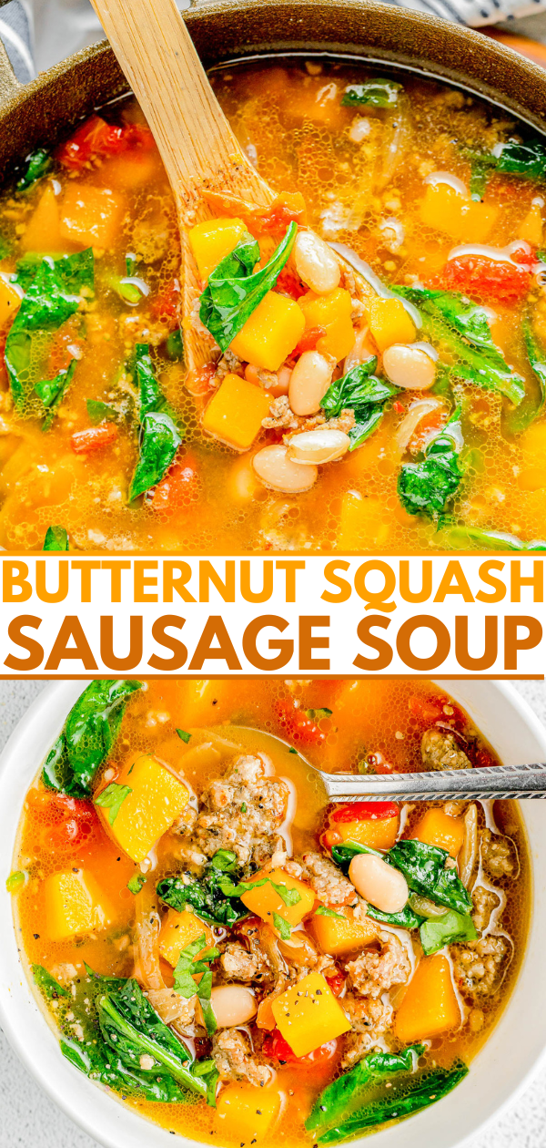 Top image shows a pot of butternut squash sausage soup with vegetables being stirred by a wooden spoon. Bottom image shows a bowl of the soup, featuring chunks of squash, sausage, beans, and greens.