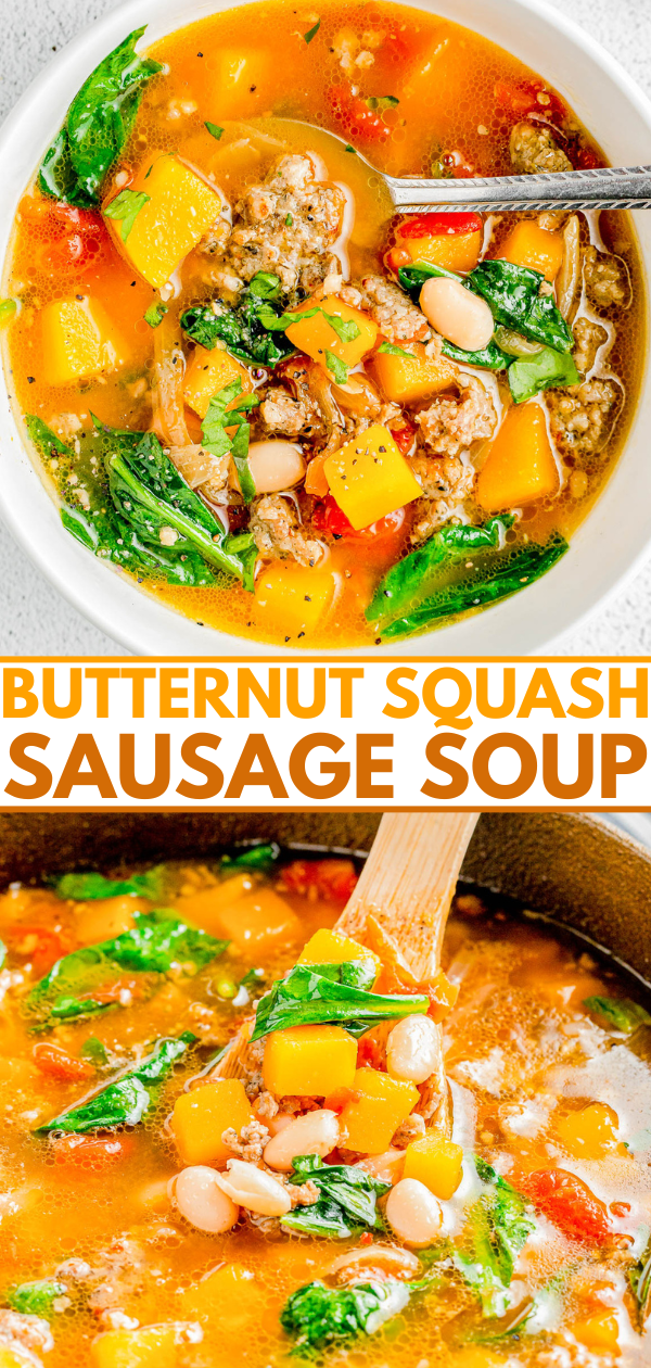 Two images of butternut squash sausage soup: One shows the soup in a white bowl with a spoon, while the other shows the soup being stirred in a pot with a wooden spoon.