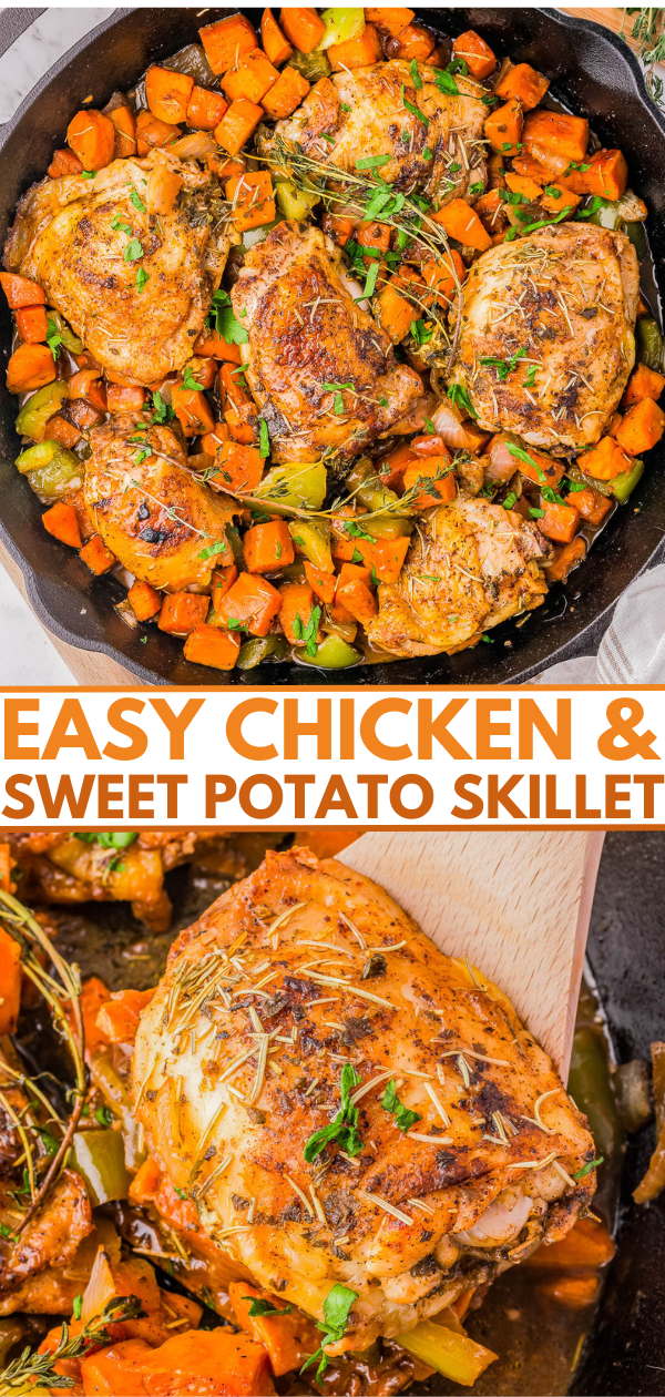 Cast-iron skillet with cooked chicken thighs, diced sweet potatoes, and garnished with fresh herbs. Text overlay reads "Easy Chicken & Sweet Potato Skillet.