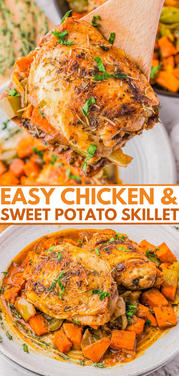 Close-up of a wooden spoon lifting a piece of chicken above a skillet with chicken and sweet potatoes. Below is a plated serving labeled "Easy Chicken & Sweet Potato Skillet.