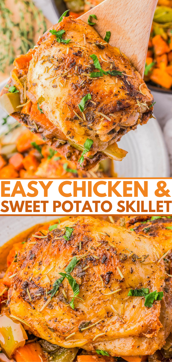 A close-up of a skillet dish featuring seasoned chicken and sweet potatoes, garnished with herbs. The text reads, "EASY CHICKEN & SWEET POTATO SKILLET.