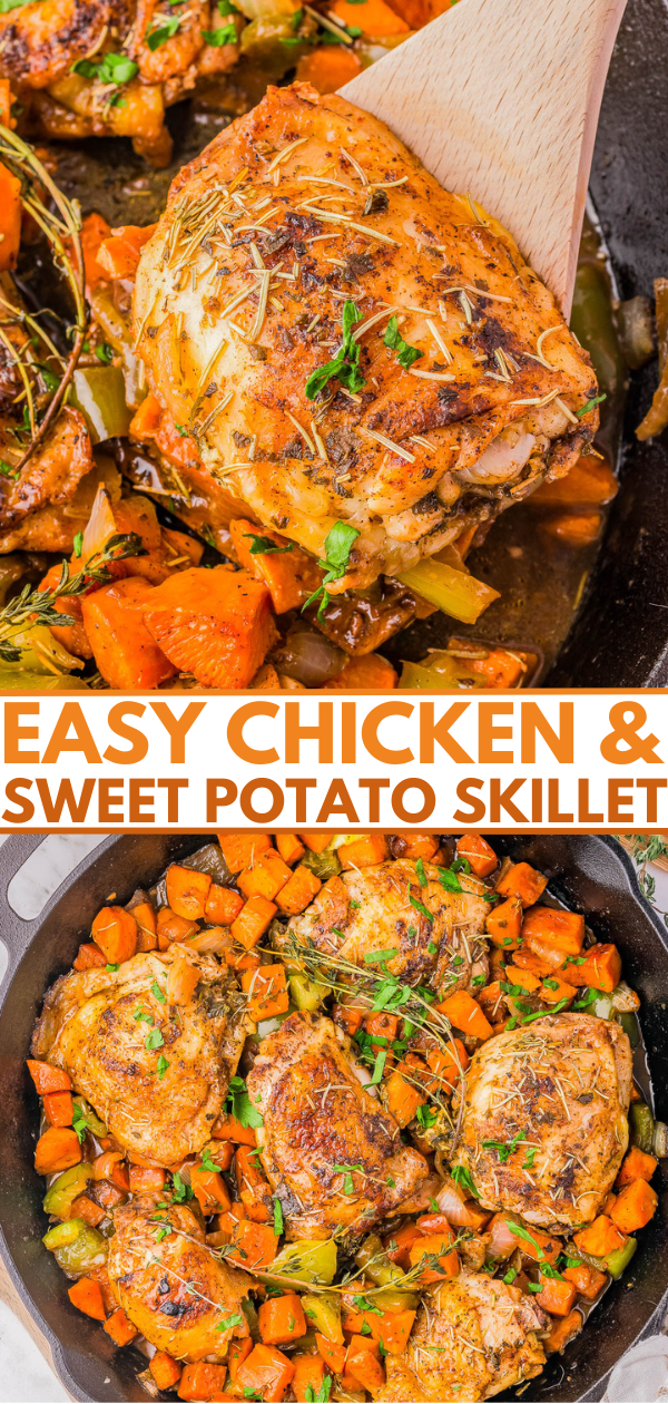 Top view of a skillet filled with baked chicken thighs, sweet potatoes, and herbs. Text on the image reads, 