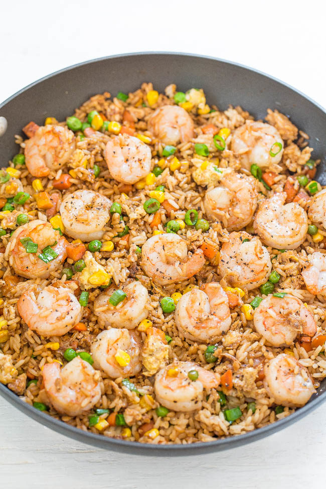 Easy Better-Than-Takeout Shrimp Fried Rice - One-skillet, ready in 20 minutes, and you'll never takeout again!! Homemade tastes WAY BETTER!! Tons more flavor, not greasy, and loaded with tender shrimp!!