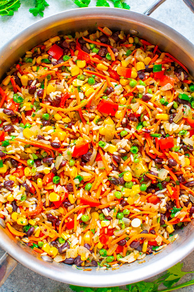 Very Veggie Rice and Beans - EASY, ready in 15 minutes, and amps up rice and beans with an abundance of vegetables!! Healthy, Mexican-inspired food that tastes like comfort food and keeps you satisfied for hours!!